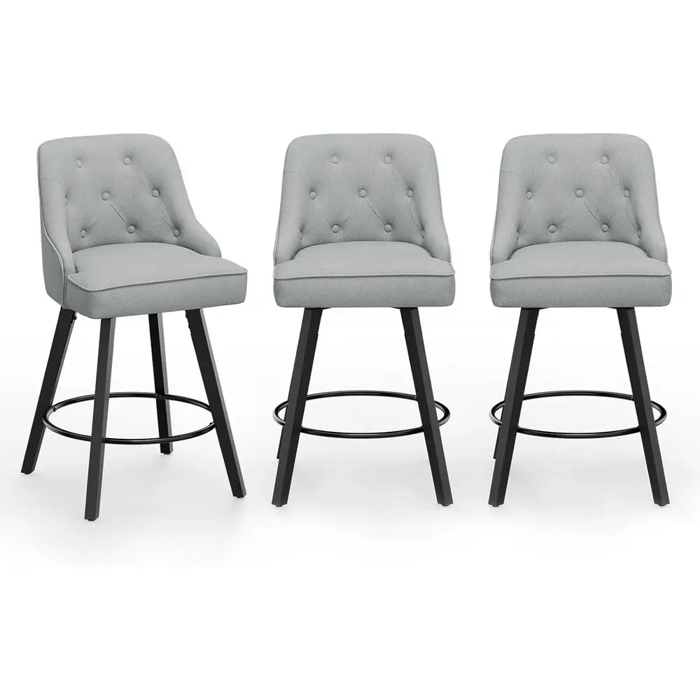 

Набор из 3-х серых вращающихся барных стульев с обивкой из льна и подушкой, ножки из массива дерева, для высоты кухонной стойки