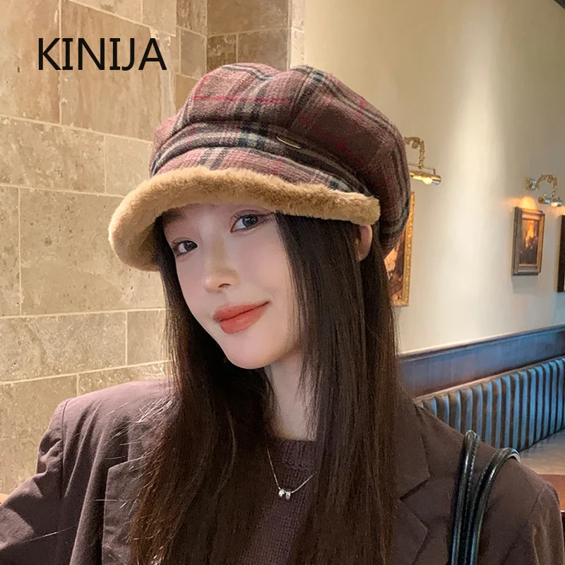 Winter Maler Hut Lamm Fleece Schirmmütze Coldproof Harajuku Koreanischen Stil Warm Halten Plüsch Achteckige Kappe Mädchen Eimer Hut