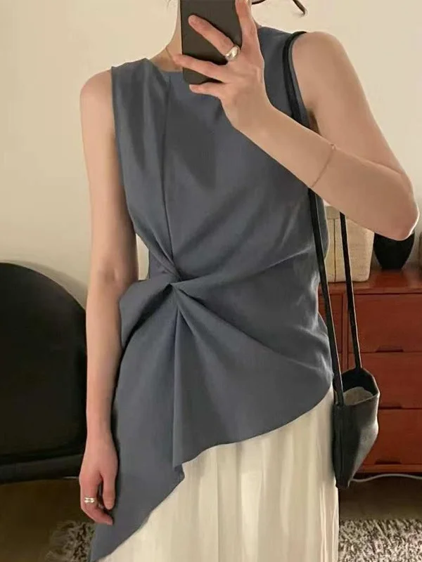 

Korean Design Knot Neline Svel irt Women's Summer New Vintage Elegance Waist-Cinching Asymmetrical Top