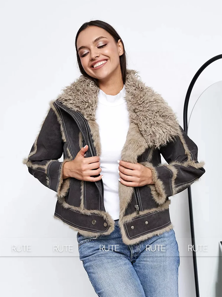 fur coat women winter 2024 Sheepskin Fabric Sheepskin O-Neck Rabbit fur lining Short jacket Fashionable luxury Women's clothing