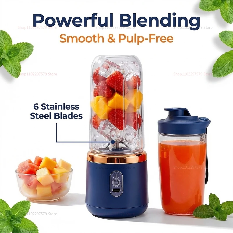 Portable Juicer Cup 6 Blade Blender Household Fruit Juicer Cup USB Rechargeable Double Cup Multifunction Food Portable Blender