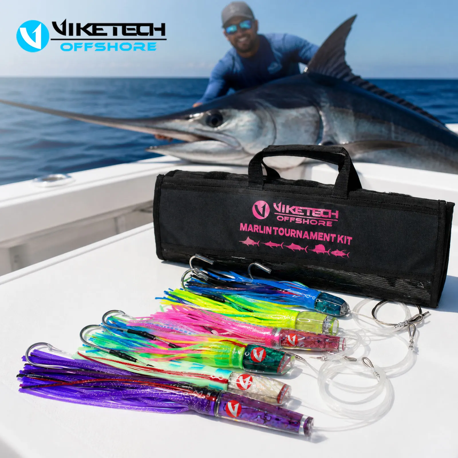 Marlin Trolling Lure Kit – 6pc Pre-Rigged Blue & Black Marlin Spread ,with pre tied line set and storage roll bag
