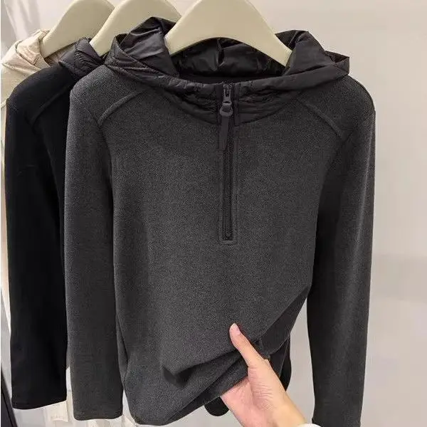 

Winter Thickened Cotton Lined Hooded Zipper Knitted Base Shirt Women's Casual Warm Sweatshirt Standard Fit Long Sleeve Polyester