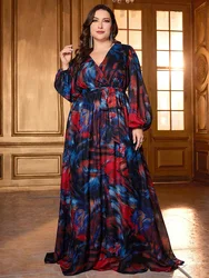 TOLEEN-Elegante vestido de noite em malha com decote em v feminino, Maxi Vestidos, Tamanhos Grandes, Manga Lanterna Estampada, Longo, Luxo, Festa, Verão, Novo, 2022