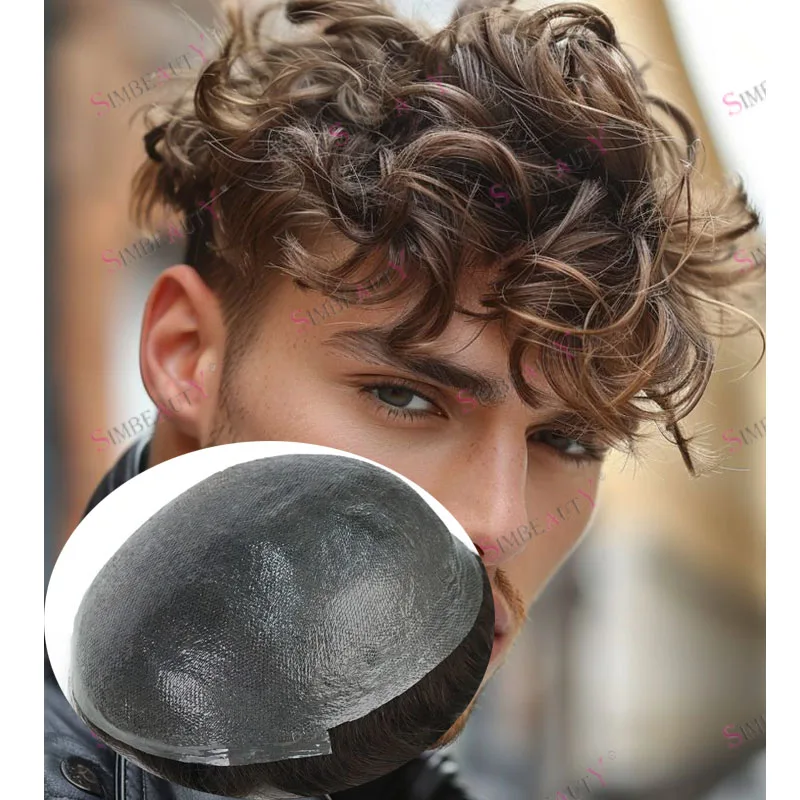 

Невидимый реалистичный парик из натуральных волос Реми, европейский коричнево-русый, мужской, 28 мм, кудрявый, прочный # 17 # Система восстановления волос 22R