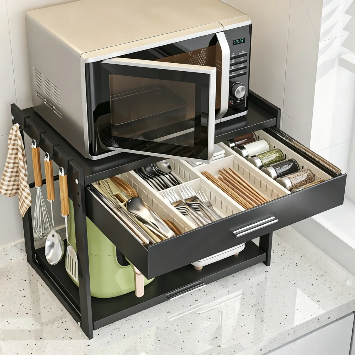 

2 Layer Microwave Stand with Pull-out Tableware Drawer & Hooks, Heavy Duty Carbon Steel Kitchen Counter Organizer Storage Rack