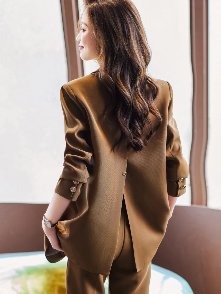 Caramel Color Women's Suit Jacket 2026 New Korean Version High-End Design Back Split Button Loose Style Suit Set
