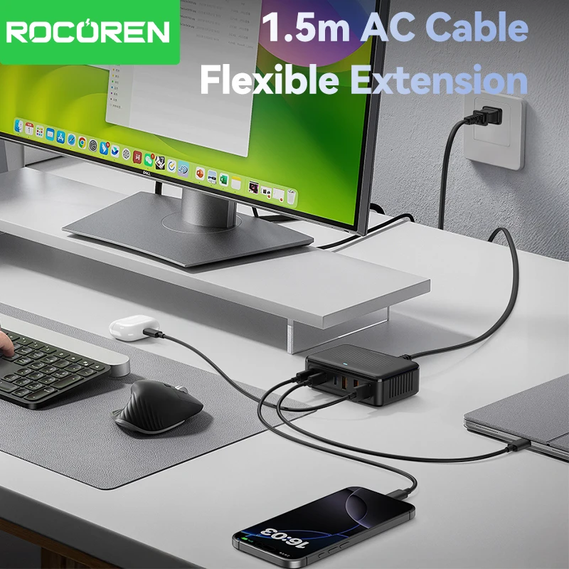 ที่ชาร์จ Rocoren USB 100W GaN ชาร์จเร็ว 6 พอร์ต แบบตั้งโต๊ะ ชาร์จเร็วแบบ Type C  สถานีพลังงานแบบพกพา สำหรับ iPhone 17 16 Xiaomi