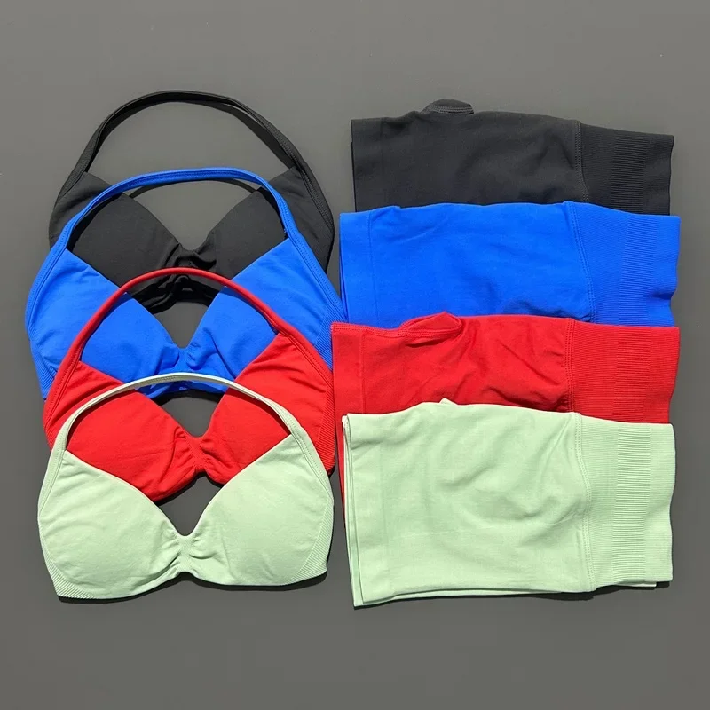 ชุดโยคะ 2 ชิ้น สำหรับผู้หญิง เสื้อชั้นในโยคะแบบไร้ตะเข็บ สายรัดเอวสูง กางเกงขาสั้นออกกำลังกายแบบรัดรูป ชุดกีฬา ชุดฟิตเนส