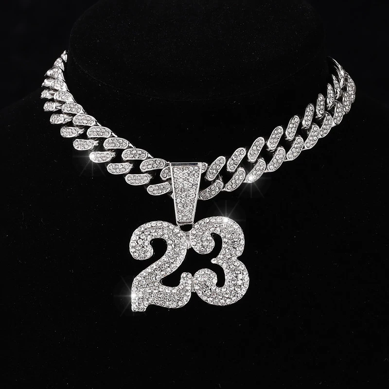 HIP HOP Iced Out Numbers 23 Bling Pendants With 13mm Cuban Link Chain AAA+ Rhinestone Necklaces For Men's Women Rapper Jewelry