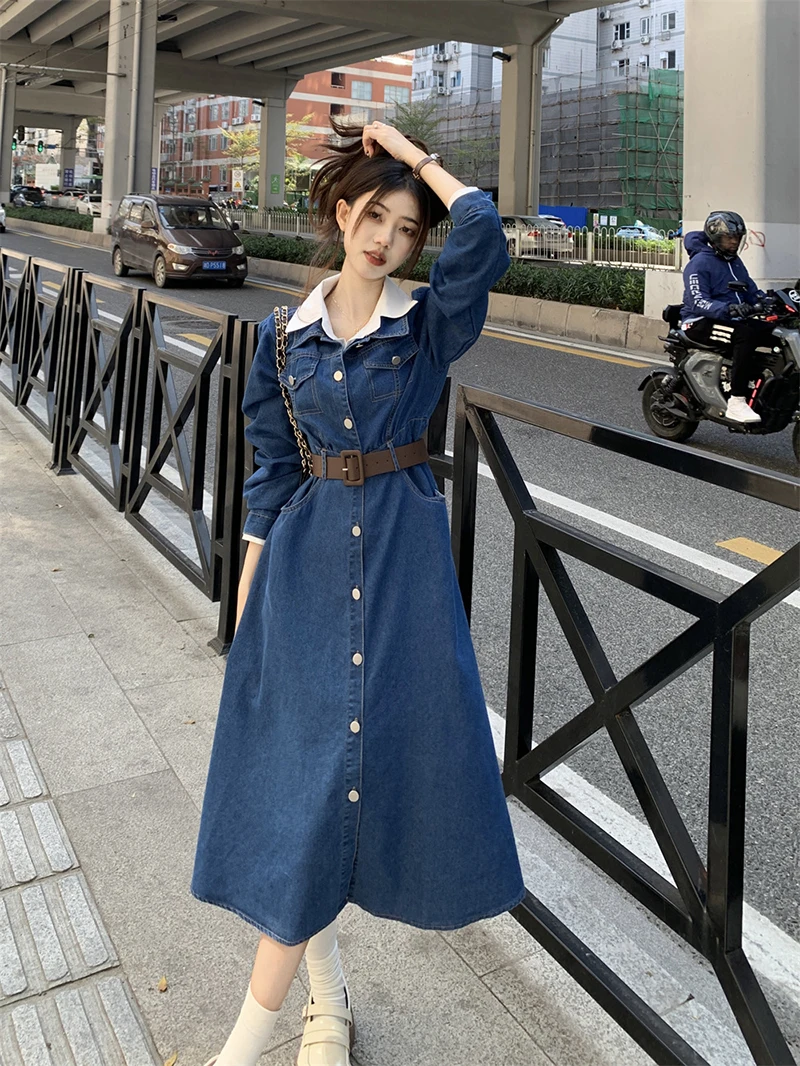 Lapel Fake Two-Piece Denim Dress Elegant Long Sleeve Single Breasted Women A-Line Maxi Dress Spring Fashion Office Lady Vestido