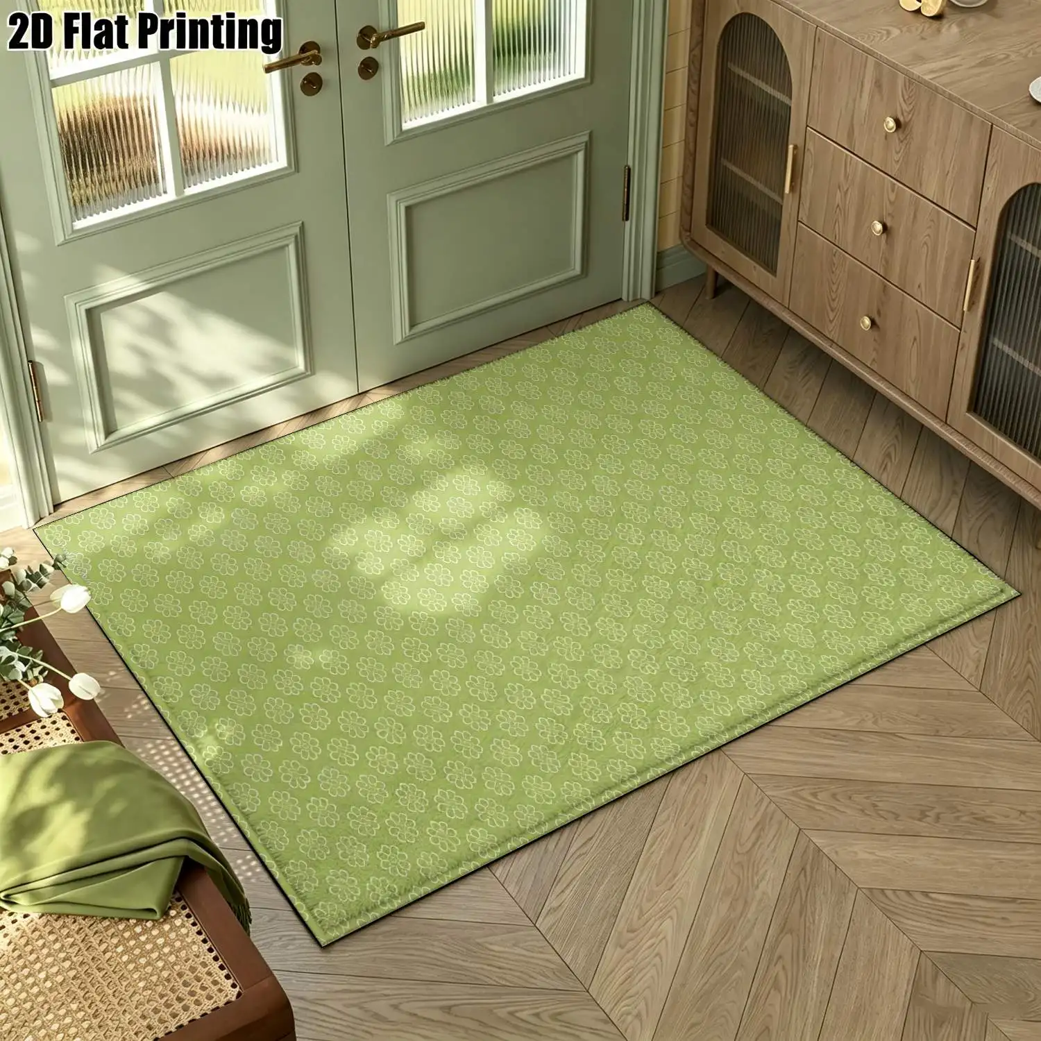 1Pc 2D Printed Carpet: Fresh Green Base, Four-Leaf Flower Pattern Nordic/Instagram Style, Modern Minimalist Geometric Floor Mat, Home Decor. Multi-Size, Machine Washable. Ideal for Entryway, Dining Room, Bedroom, Study, Living Room.