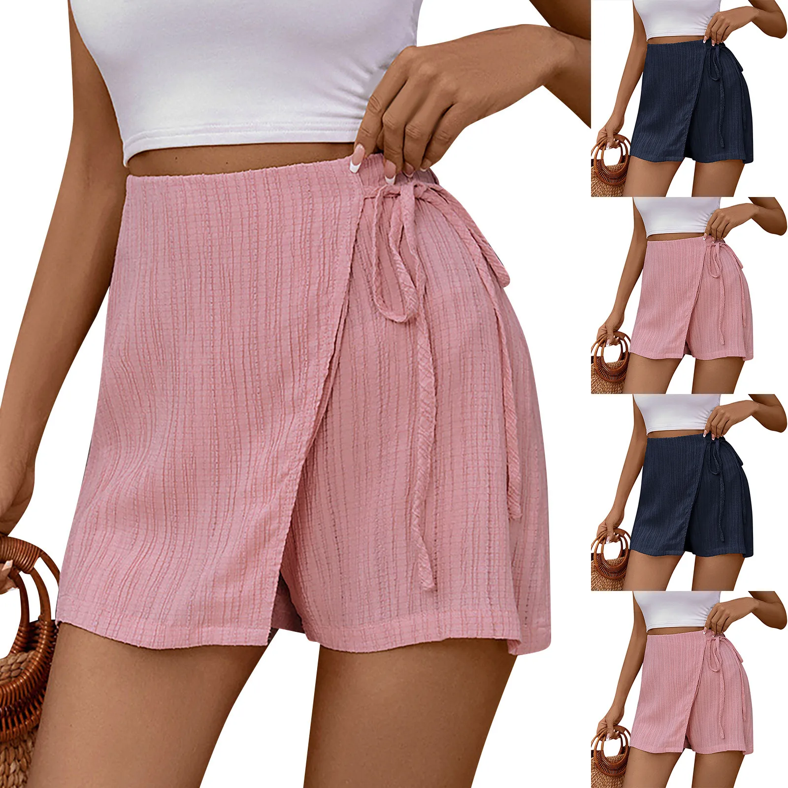 Detail Women Shorts High Waist A-line Mini Culottes For Women Solid Color Party Performance Beach Skirt Tie Side High Waist Sho