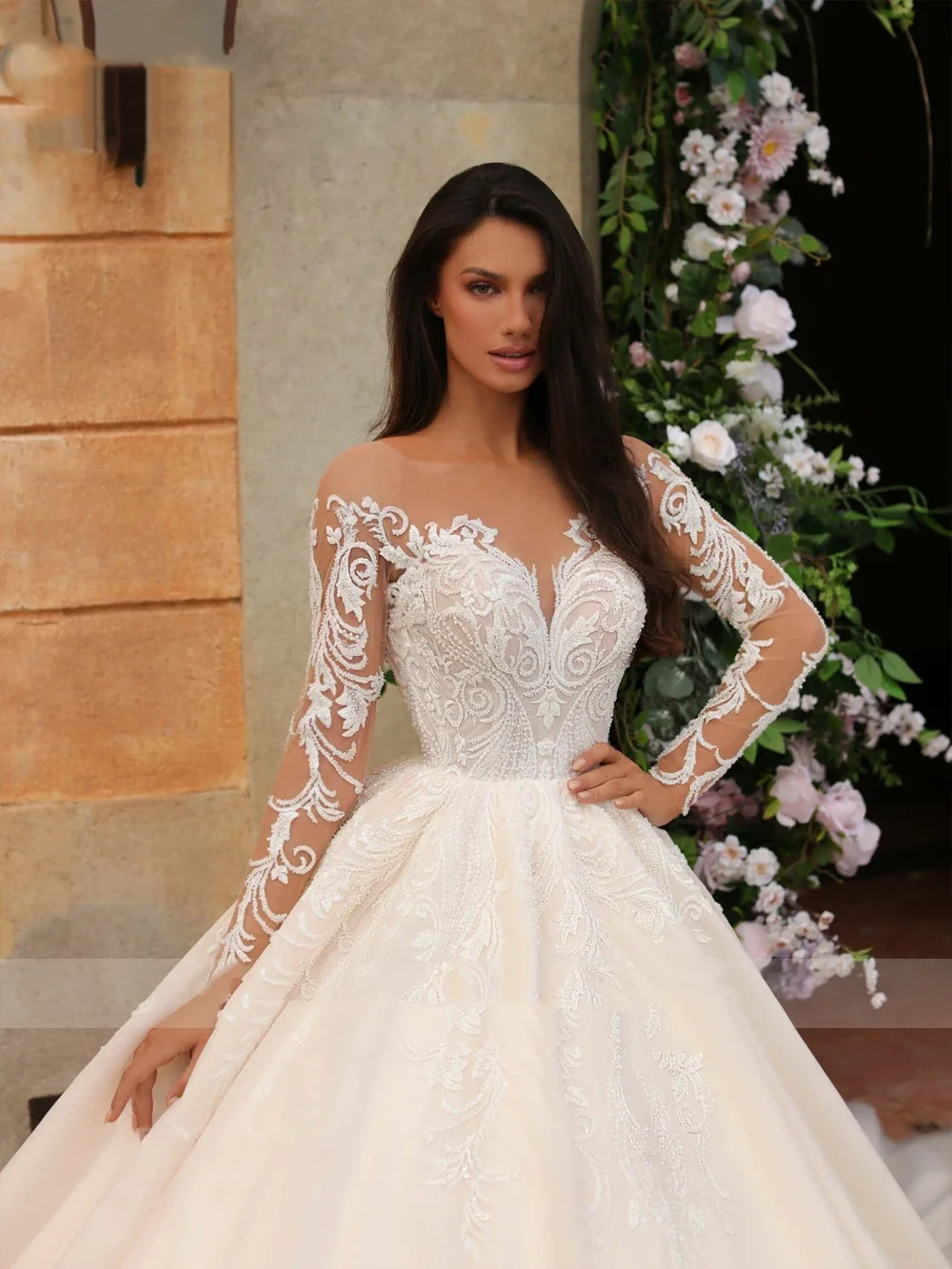 Flavinke personalizado miçangas pérolas apliques fora do ombro a linha vestidos de noiva rendas mangas completas vestidos de casamento champaghe 2025