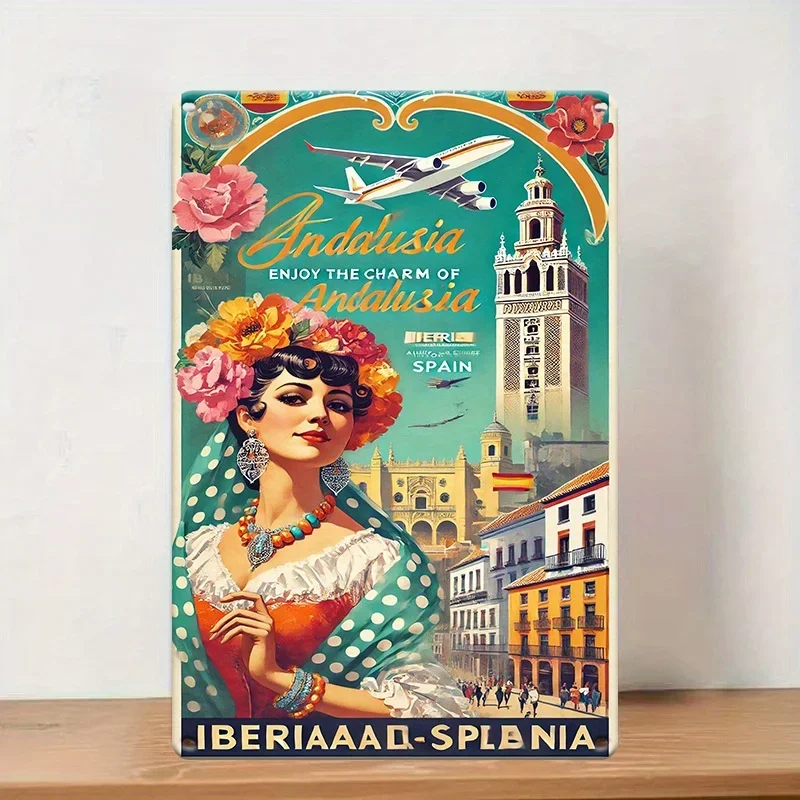 Letrero Metálico Vintage para Decoración de Pared - "Andalucía, Disfruta del Encanto de Andalucía" con Bailarina de Flamenco y Arquitectura Española