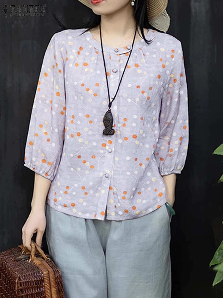 

2025 Aurumn рубашки с цветочным принтом, винтажные топы с рукавами 3/4, ZANZEA, женские модные блузки с круглым вырезом, повседневные свободные туники большого размера