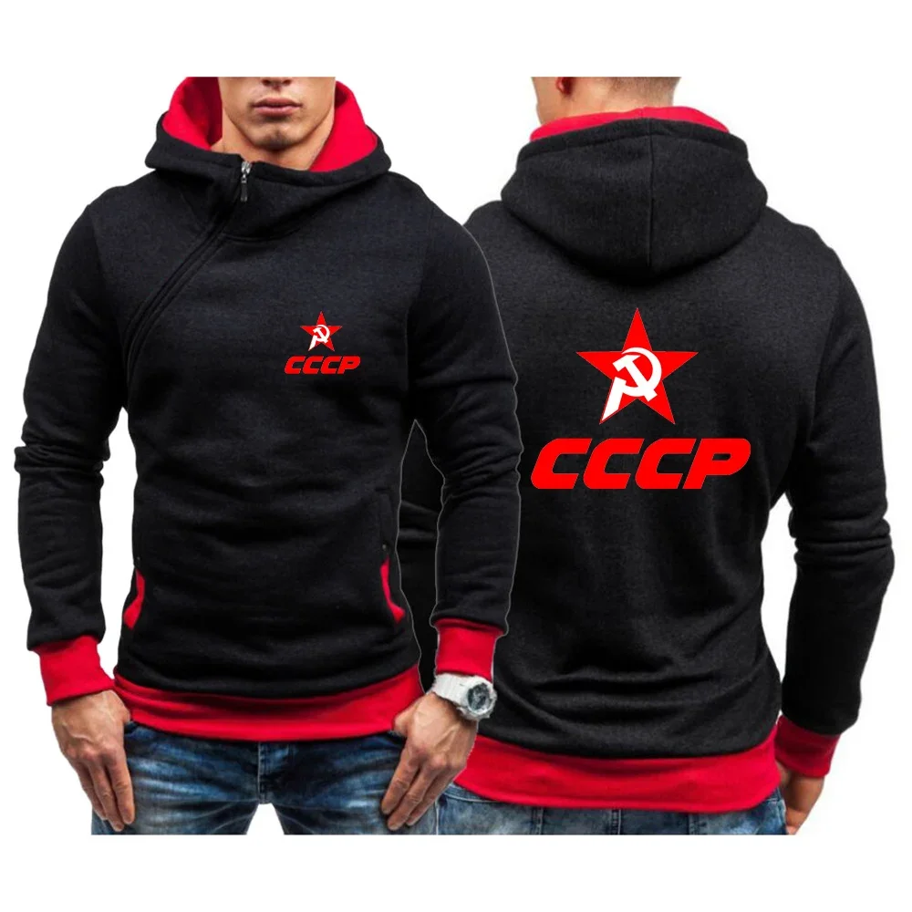 2024 CCCP Russian Men's USSR Soviet Union New Print Diagonal Zip Hoodie Sweatshirts Popular Sportswear Streetwear Pullovers Top