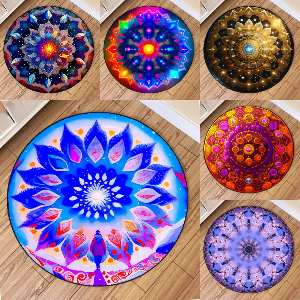 Colorful Mandala Printed Yoga Round Rug Girls Living Room Sofa Rug Home Bedroom Bedside Soft Rug Coffee Table Mat Reading Use