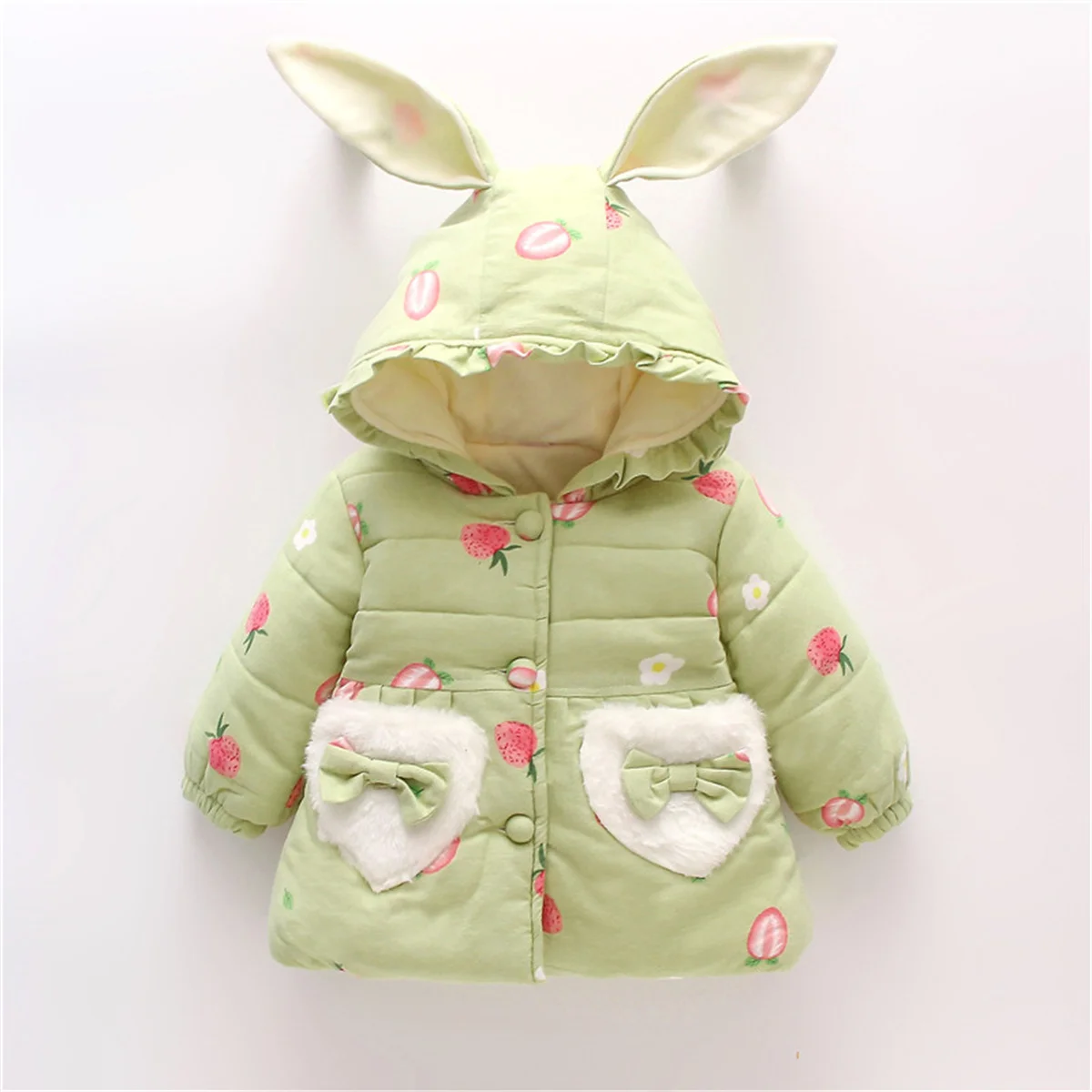 Winter Girls\' Cotton Coat Strawberry Bow Heart Pocket Rabbit Ear Button Hooded Cotton Thickened Sweet Coat