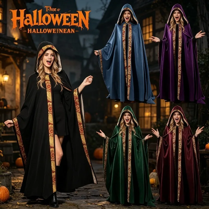 Men’s Women’s Wizard Cloak Loose Fit Hooded Cape Halloween Stage Performance Costume for Cosplay - view 3
