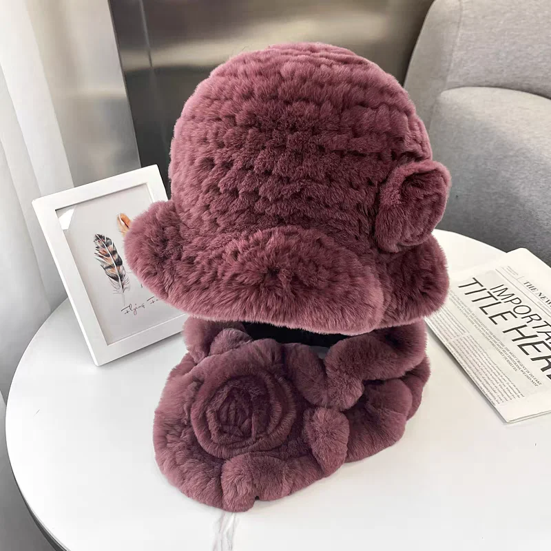 Cappelli a secchiello classici in pelliccia di coniglio peloso Sciarpe con volant Set di cappelli e sciarpe in vera pelliccia di coniglio Rex