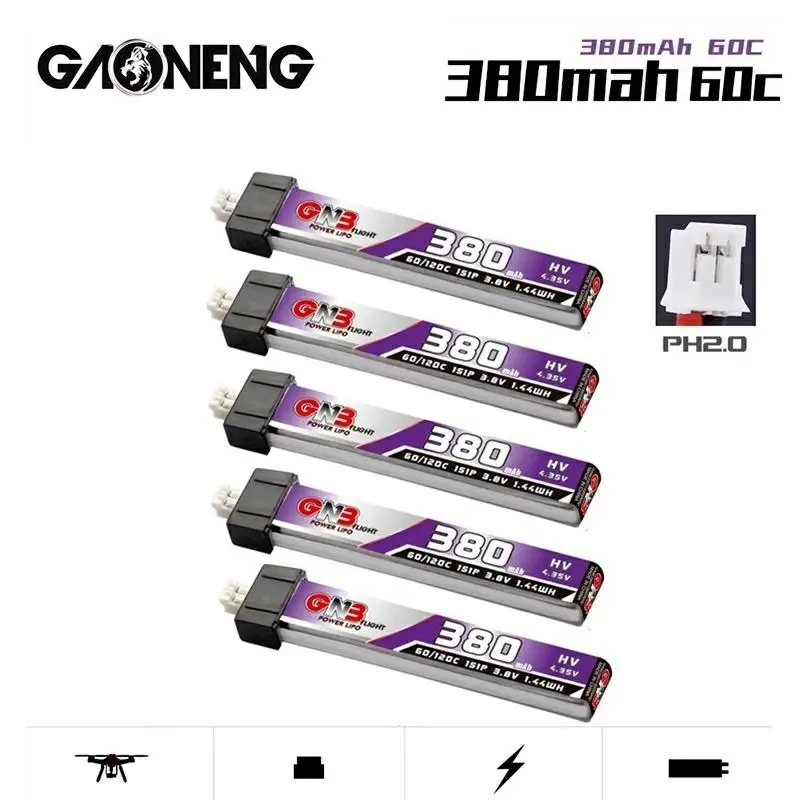 

5PCS GNB 380mAh 3.8V 60C HV 4.35V Lipo battery PH2.0 Plug for US65 UK65 Inductrix Beta65S URUAV UR65 Mobula 7 Tiny Whoop Drone