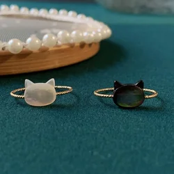 Cute Cat Rings for Women Girls Waterproof Gold Color Small Black White Shell Mother of Pearl Finger Ring Jewelry Christmas Gifts