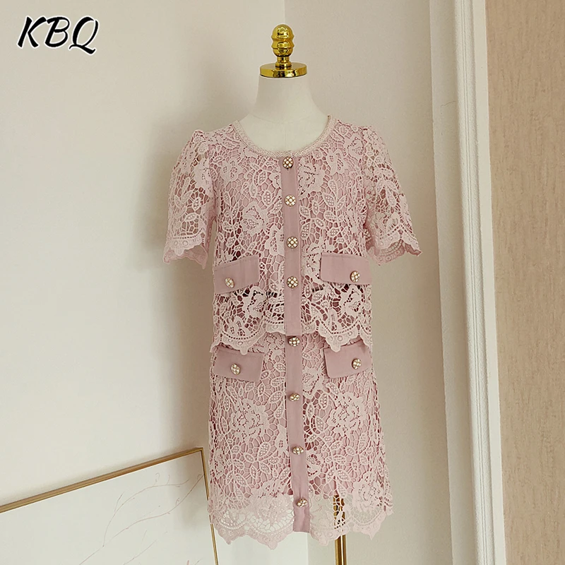 

KBQ Solid Hollow Out Two Piece Sets for Women Round Collar Short Sleeve Short Tops High Waist Mini Skirt Elegant Chic Set Female
