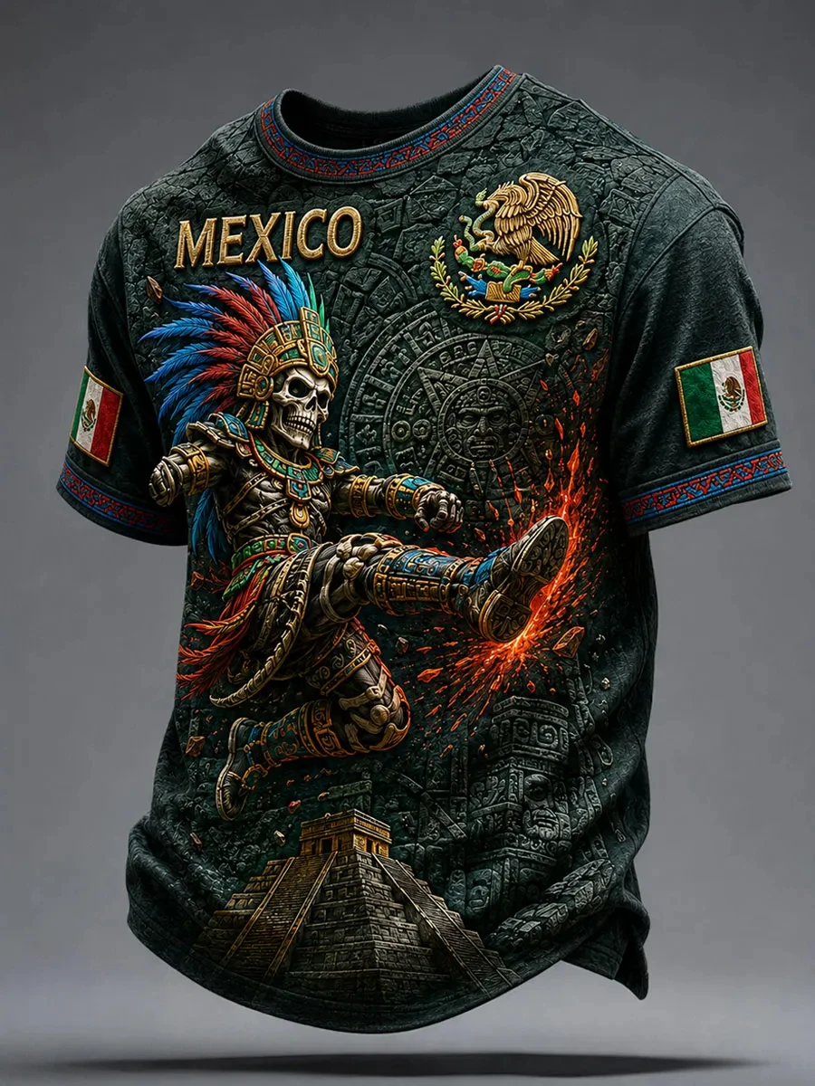 Mexikanischer Stil Azteken-Grafik Fußballtrikot T-Shirt für Männer und Frauen 3D-Druck Sport-Oberteil Kurzarm Lässige Outdoor-Sommerkleidung – Detail 5