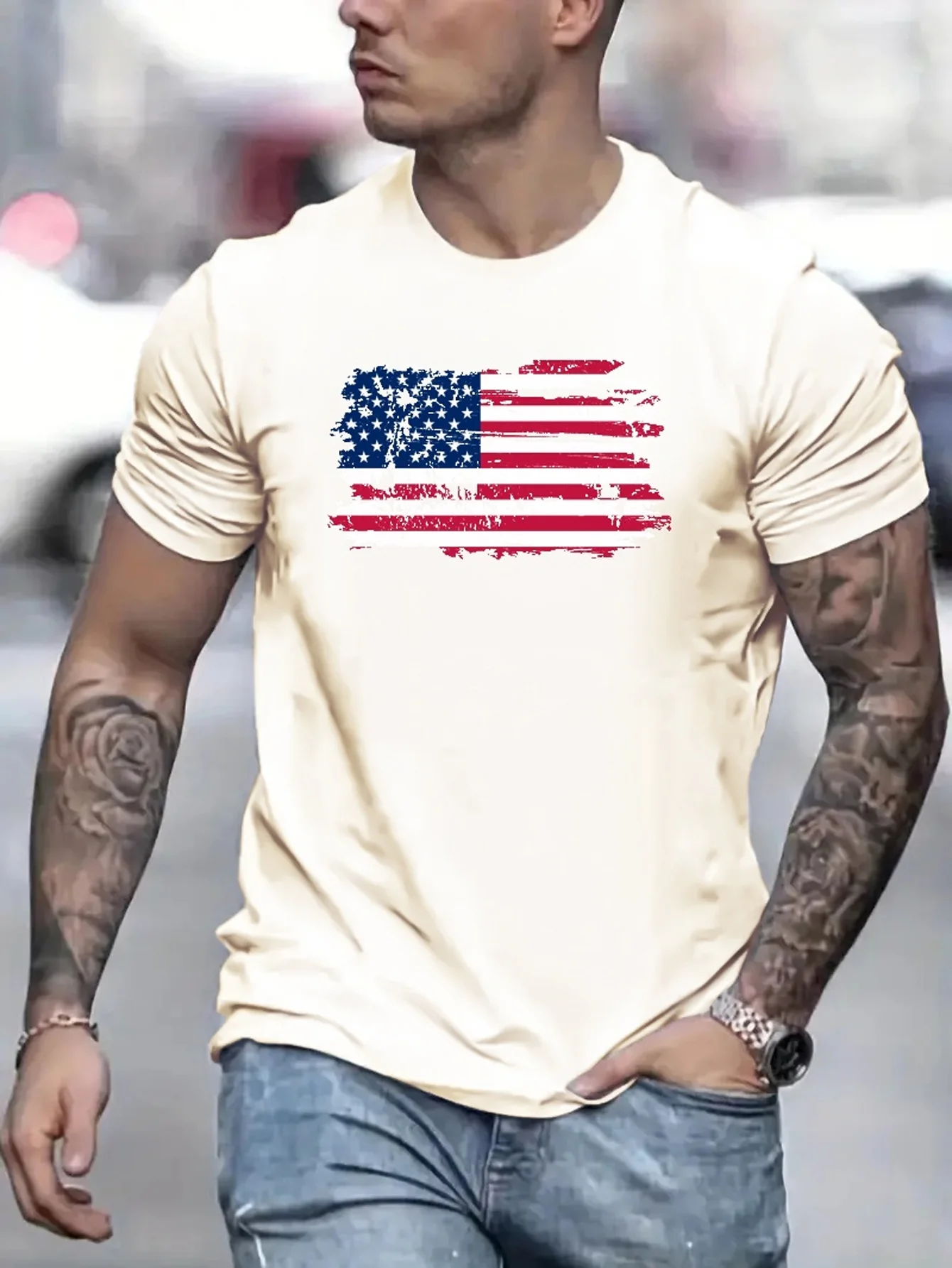 American Flag Men\'s Vintage T-shirt For Summer Outdoor, Casual Mid Stretch Crew Neck Tee Short Sleeve Graphic Stylish Top