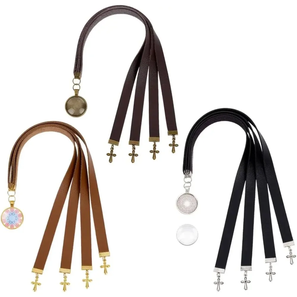 

3 Pcs Leather Bookmark with Round Locket Pendant Imitation Leather Bible Bookmarks with 4 Ribbon 3Colors Book Mark
