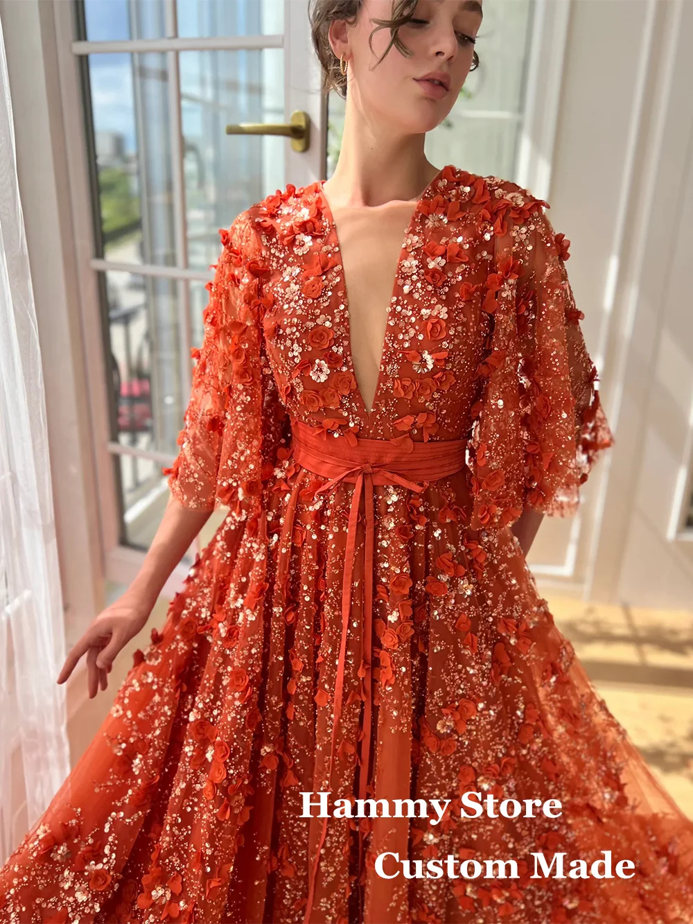 Shinny Flower Lace Evening Dress Customized Puff Sleeve V Neck Bow Belt A Line Sweep Train Luxury Formal Party Gown Prom Dresses