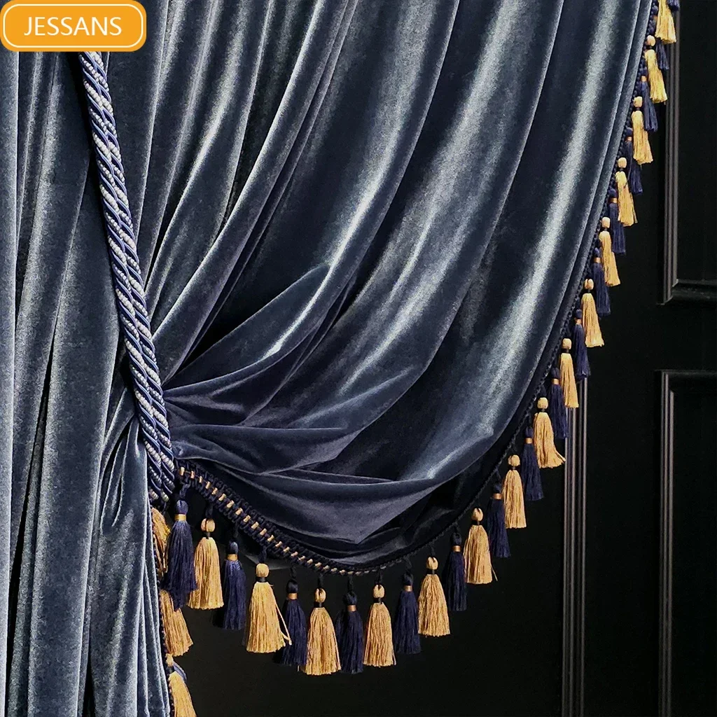 High-grade Grey and Blue Vintage Velvet Blackout Soundproof Curtains for Living Room Bedroom Villa Dining Room Finished Product