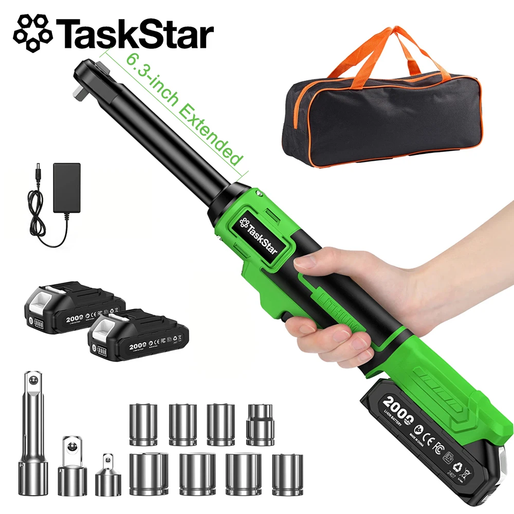 TaskStar 3/8-Zoll-Elektro-Ratschenschlüssel, 21V-Akku-Winkelschlüssel-Werkzeugset mit variabler Drehzahl, 320 U/min, Elektrowerkzeug für die Autoreparatur, maximales Drehmoment 70 Nm, mit 2 x 2,0 Ah