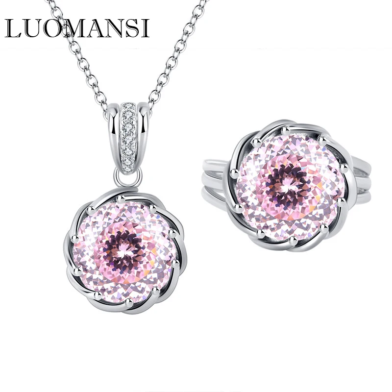 

Luomansi 12mm Light Pink High Carbon Diamond Ring Necklace S925 Sterling Silver Jewelry Female Party Birthday Gift