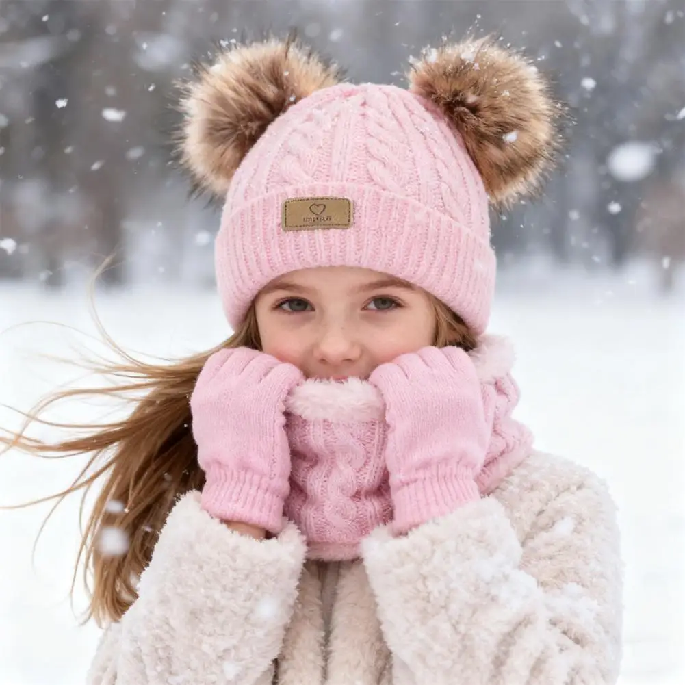 الأطفال قبعة تدفئة وشاح قفازات صوف مبطن الشتاء اكسسوارات الاطفال الشتاء قبعة وشاح قفازات مجموعة مع أفخم بوم بومس الدافئة محبوك