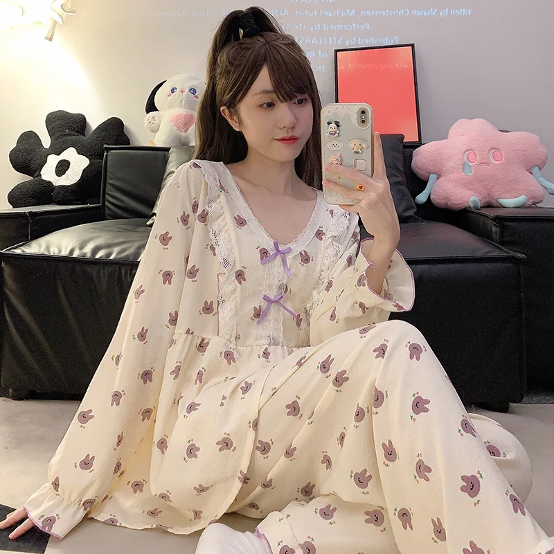 Plus Size Loose Pajamas Set Women\'s Autumn Sweet Girlfriends Wear Long Sleeves Trousers Loungewear Bubble Cotton Home Clothes