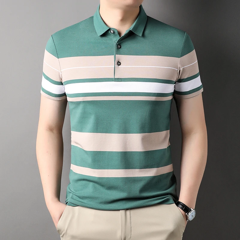 Men\'s Polo Shirts Korea Man Golf Shirts Summer Striped Print Button Clothing Business Style Male Streetwear Short Sleeve T-Shirt