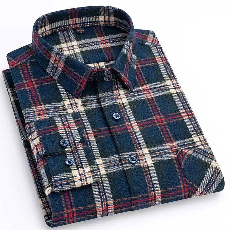 Mens 100% Cotton Brushed Long Sleeve Plaid Check Shirts Single Pocket Soft Comfortable Casual Fashion Standard Fit Button Shirts