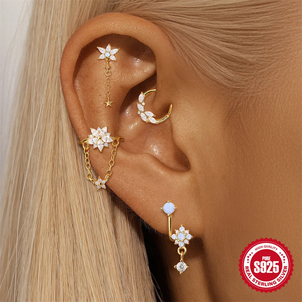 CANNER 1PC S925 Silver Natural diamond earrings Flat Head Thread Puncture Stud Earring For Women Flower Piercing Ins Jewelry