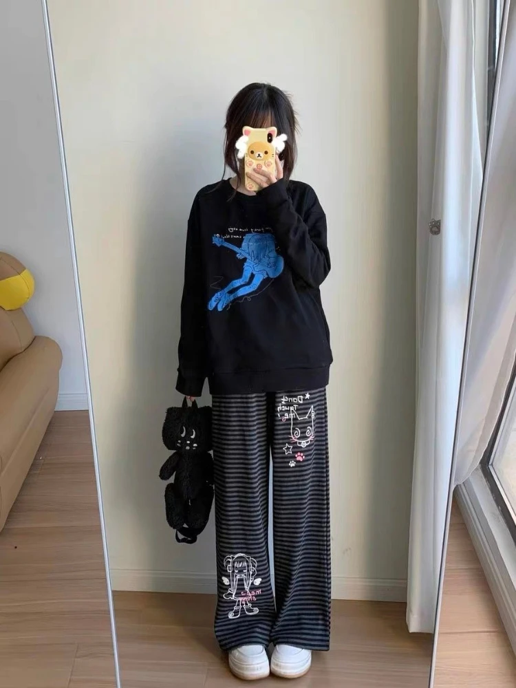 HOUZHOU Y2k Kawaii Gray Striped Graphic Women Pants Pink Cute Wide Leg Japanese Style Straight Trousers Baggy Casual All-match