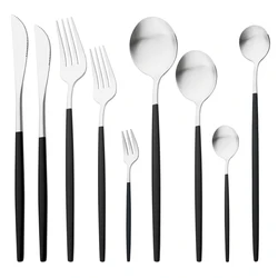 Drmfiy Black Silver Dinnerware Knife Dessert Fork Coffee Spoons Tableware Cake Fork 1pcs Stainless Steel Cutlery Flatware Set