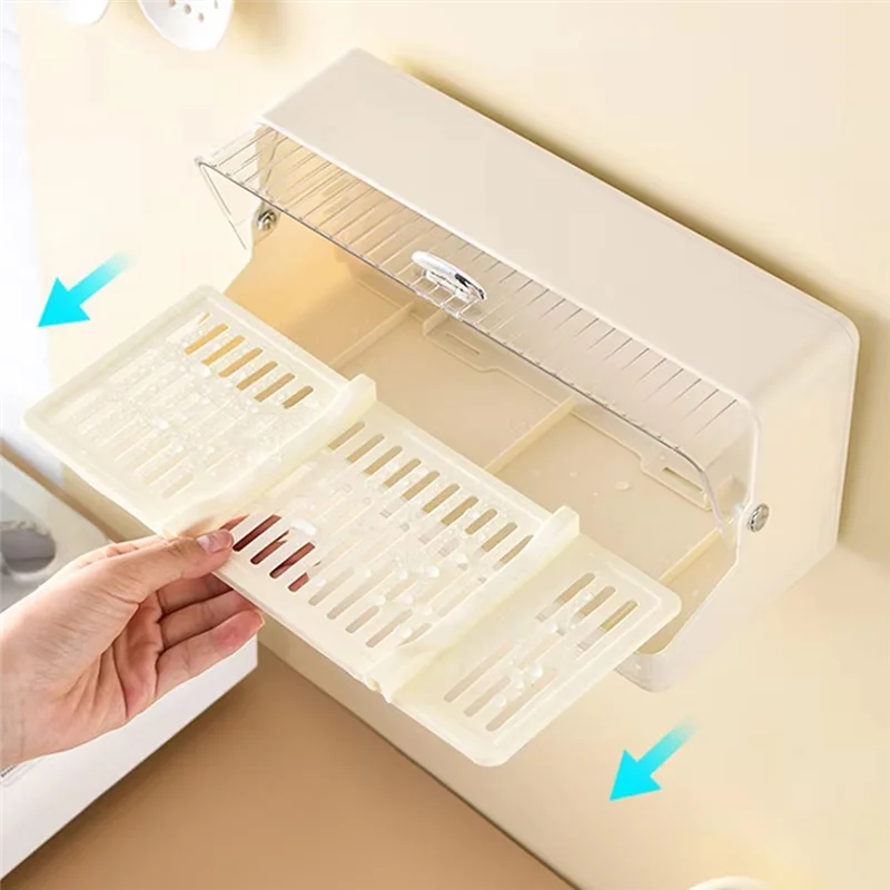 ABMI-Large Capacity Chopstick Storage Box - Wall Mounted, Drainable, Dustproof With Lid, Ideal For Tableware Organization