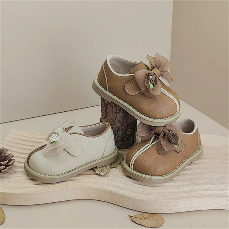 2024 New Autumn Baby Shoes Leather Butterfly-knot Girls Princess Shoes Soft sole Fashion Toddler Kids Shoes