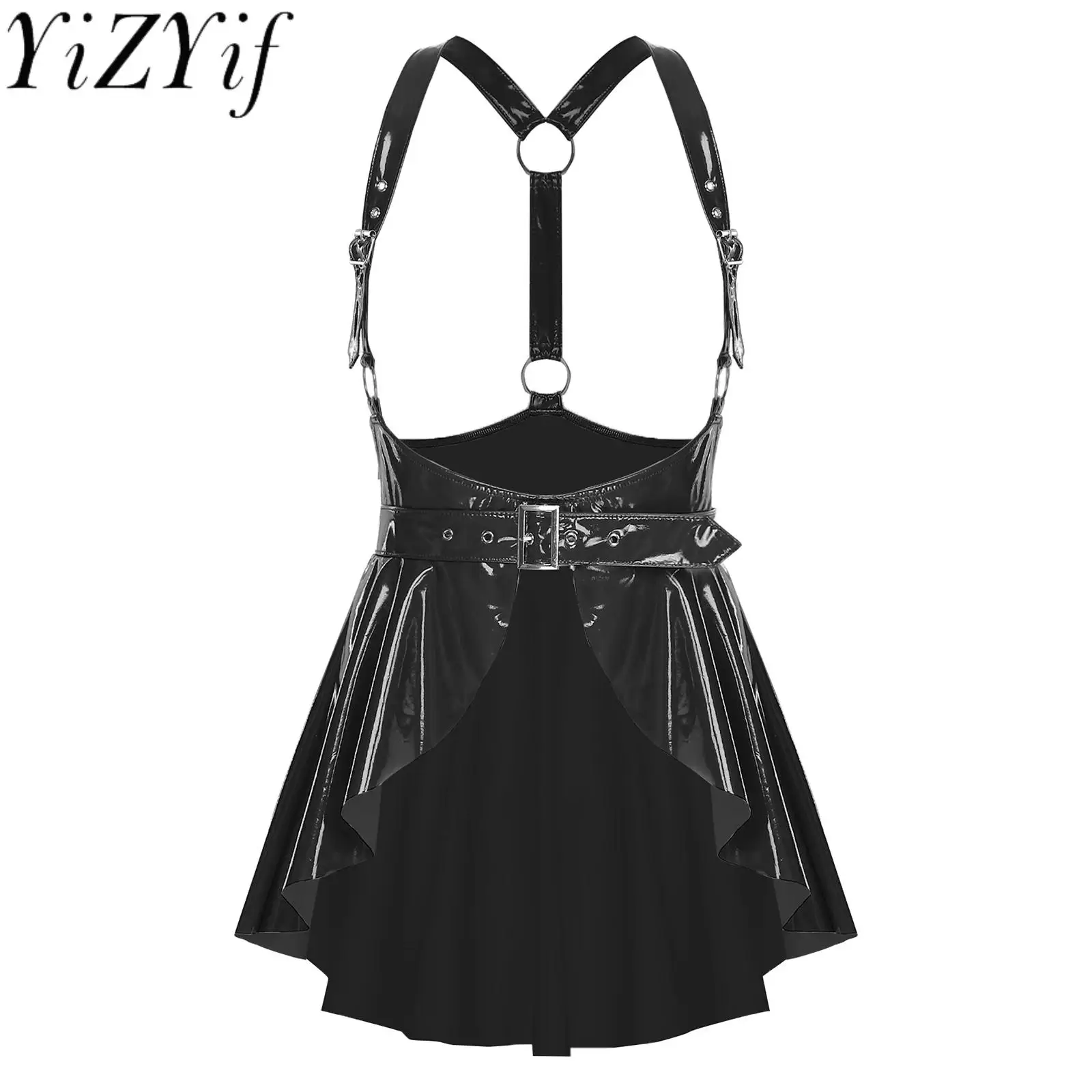 

Women PU Leather Suspenders Skirt Dress Stylish O-ring Linked Y-back Pleated Miniskirt And Belt for Rave Party Costume Accessory