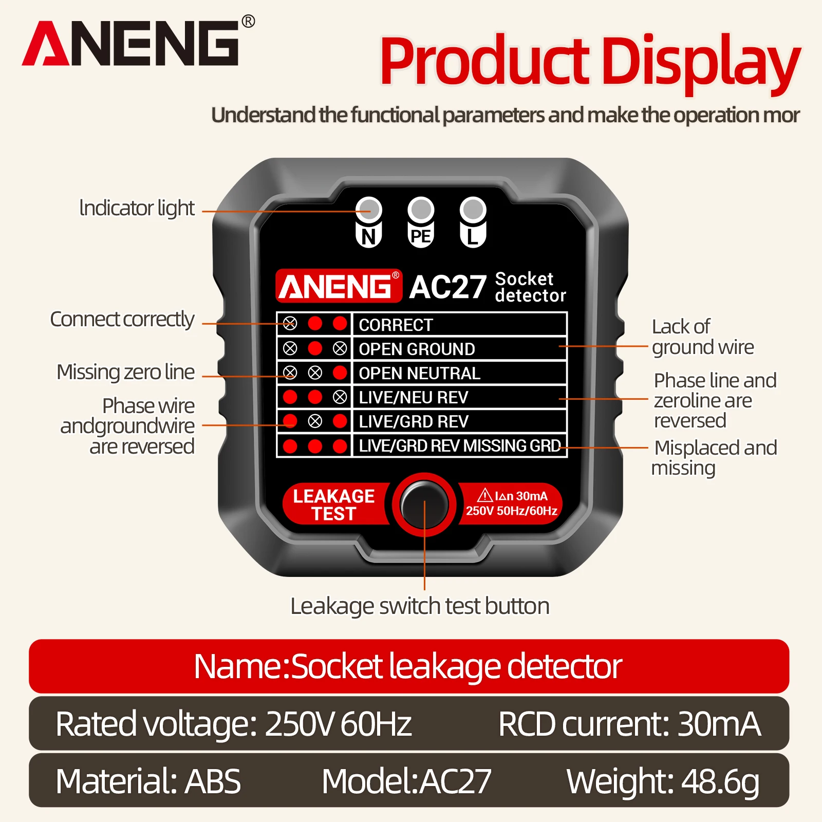 ANENG AC27 Socket Outlet Tester 250V Fast Receptacle Detector Leakage Plug Automatic Electric Circuit Polarity Voltage Detector