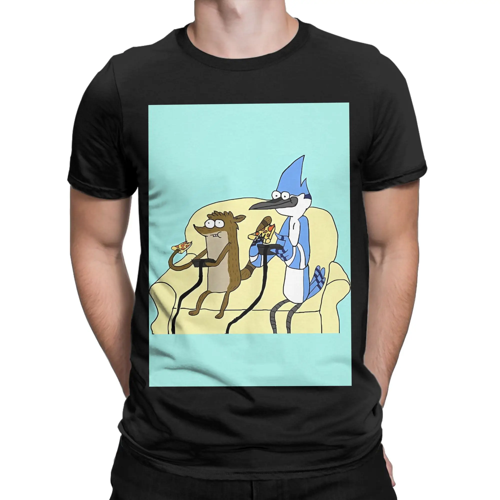 rRigby And Mordecai Team Love For Pizza And Games Novelty Graphic 100% Cotton T-Shirt rRegular Show Tees Tops For Men