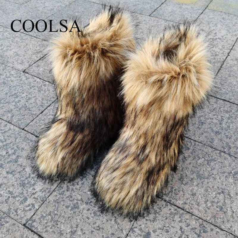 COOLSA Women Winter Lovely Fluffy Faux Fur Boots Ladies Warm Cotton Mid-calf Snow Boots Solid  Luxury Outdoor Boots