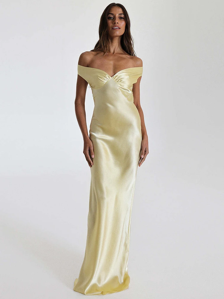 

Mozision Satin Off-shoulder Backless Sexy Maxi Dress Women Gown Fashion Strapless Sleeveless High Waist Club Party Long Dresses