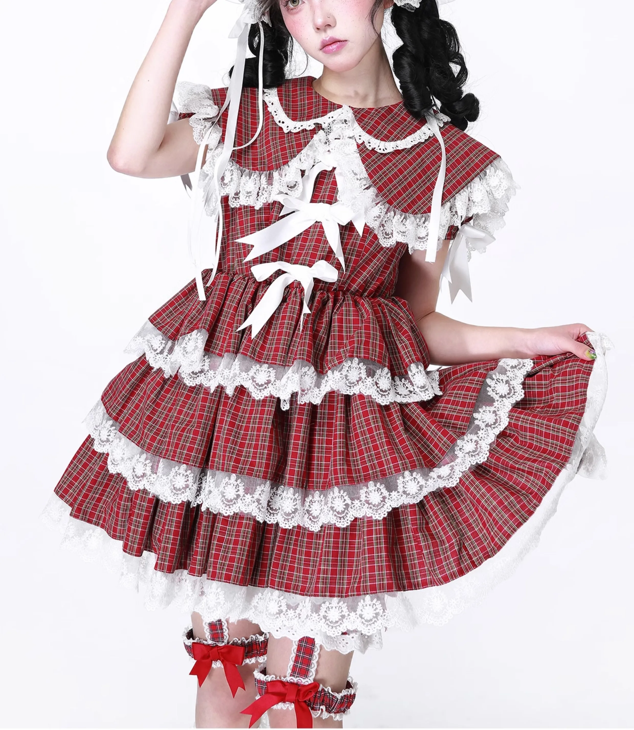 الأصلي اليابانية فتاة لينة لوليتا الأحمر منقوشة فستان المرأة لطيف القوس الدانتيل حافة انفصال الأكمام كعكة فستان الشاي فستان الحفلات Op